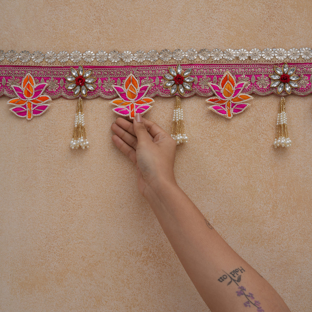 Lotus Embroidered Fabric Bandhanwar Toran for Diwali Decoration