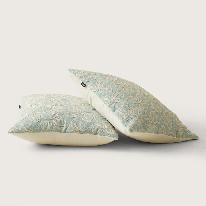 EMB Money Plant Cushion Cover Set of 2 - Aqua