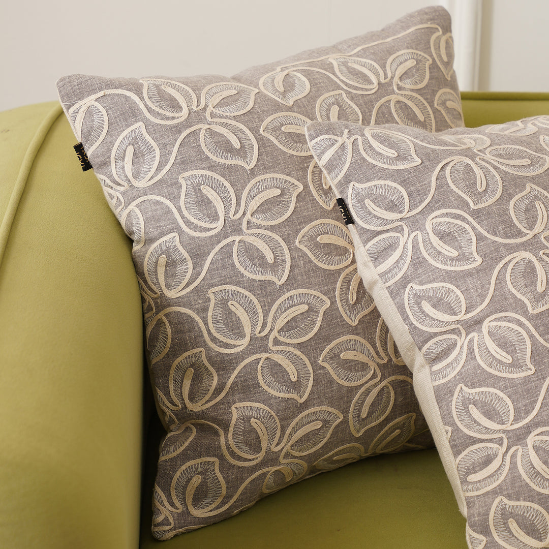 EMB Money Plant Cushion Cover Set of 2 -  Taupe