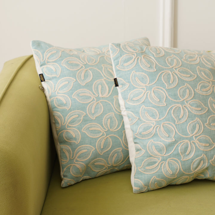 EMB Money Plant Cushion Cover Set of 2 - Aqua