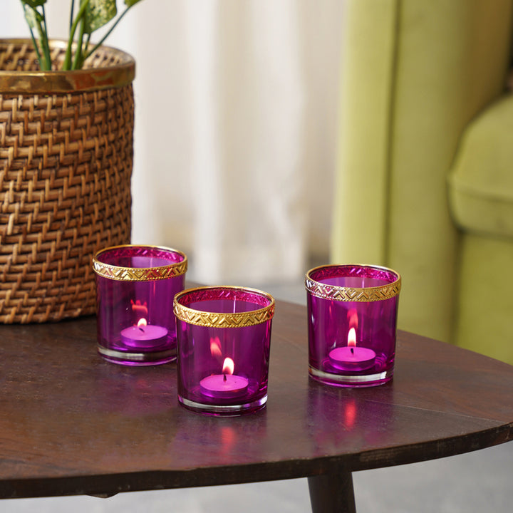 Pink Votive with Gold Metal RIm Set of 6