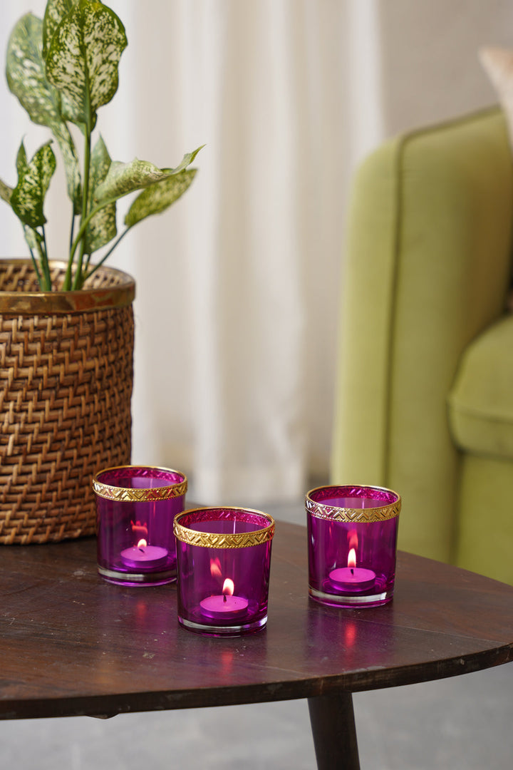 Pink Votive with Gold Metal RIm Set of 6