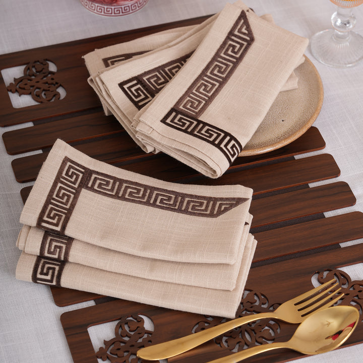 Ivory & Espresso Meander Embroidered Napkins - Set of 6