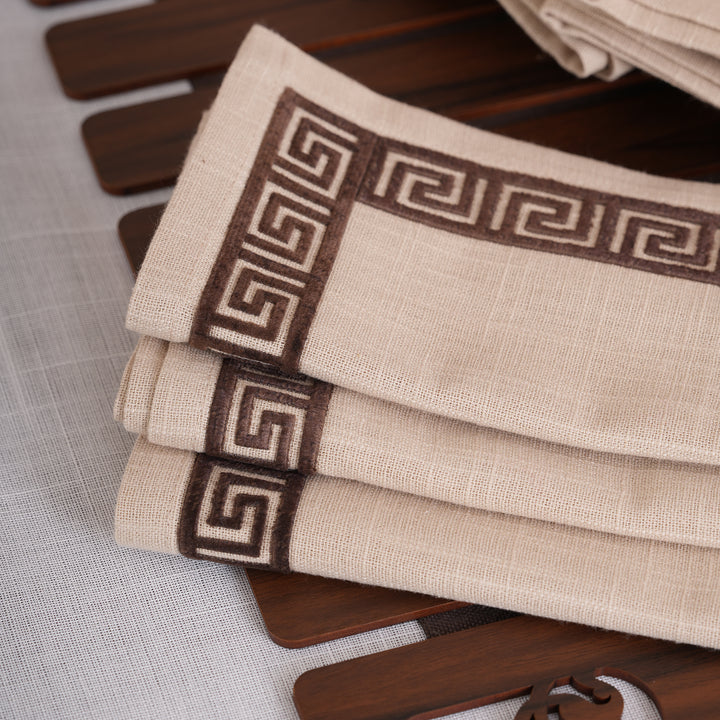 Ivory & Espresso Meander Embroidered Napkins - Set of 6
