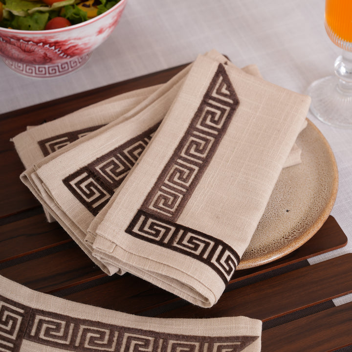 Ivory & Espresso Meander Embroidered Napkins - Set of 6