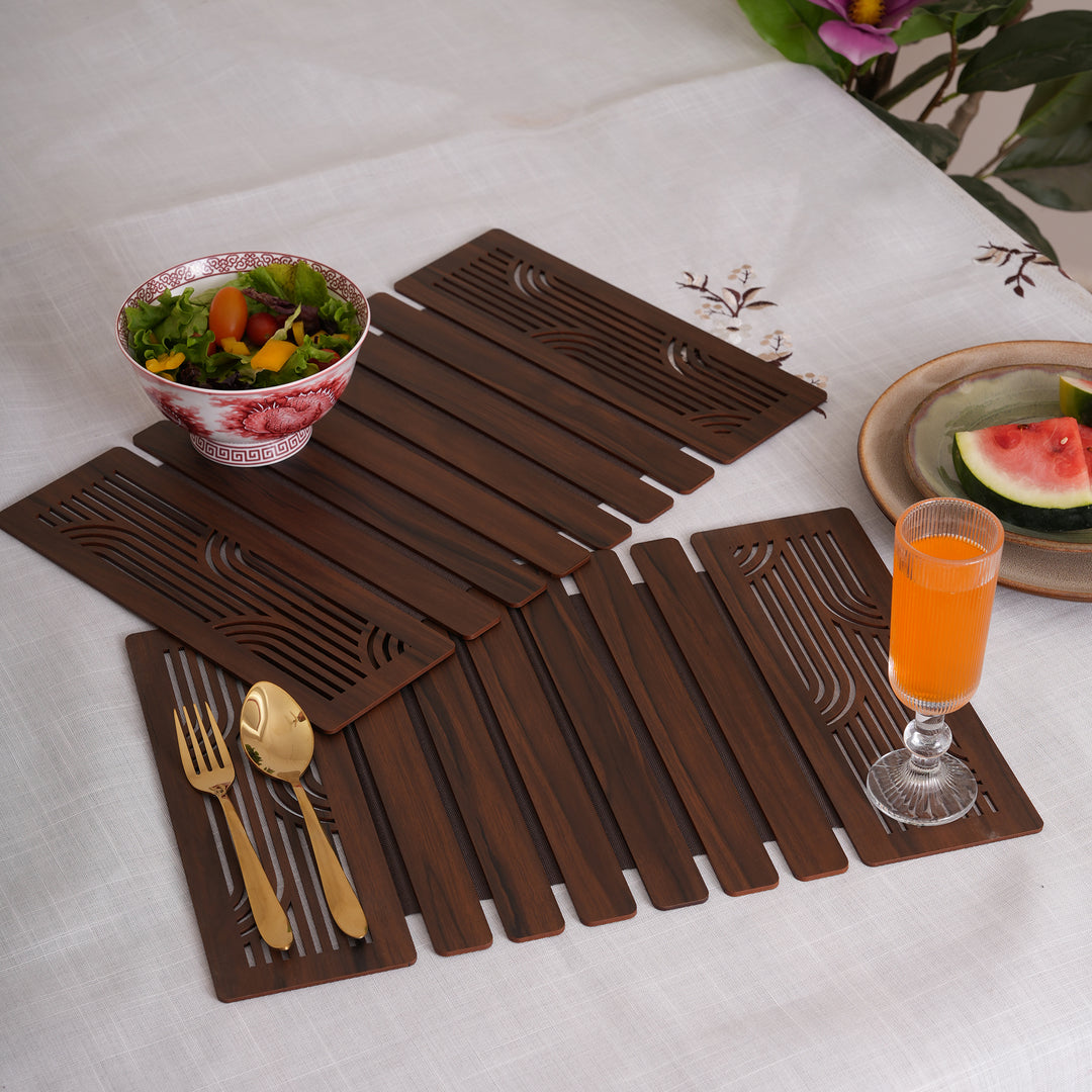 Contemporary Espresso Wave-Accent Slatted Placemats 12*18 Inch - Set of 2
