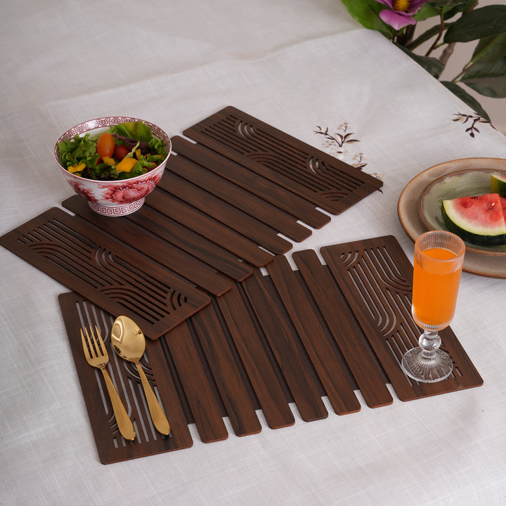 Contemporary Espresso Wave-Accent Slatted Placemats 12*18 Inch - Set of 2