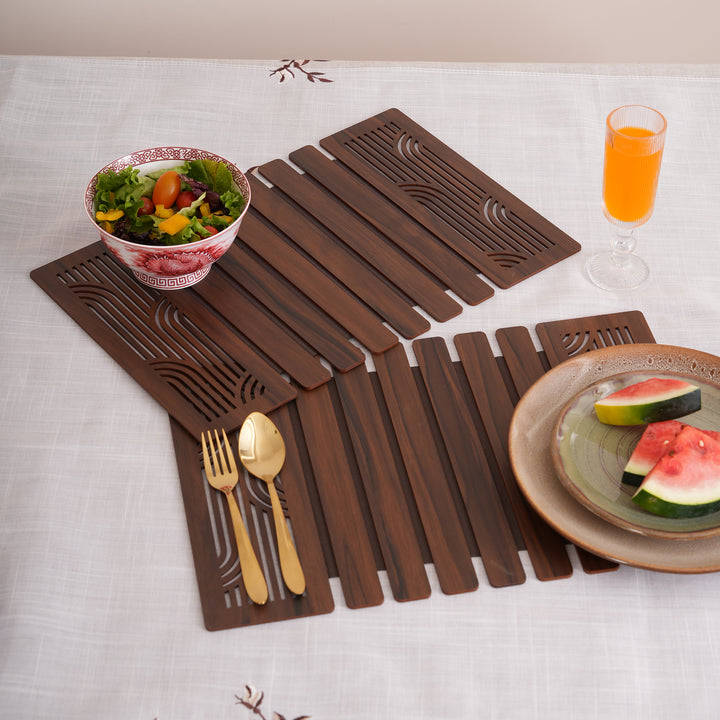 Contemporary Espresso Wave-Accent Slatted Placemats 12*18 Inch - Set of 2