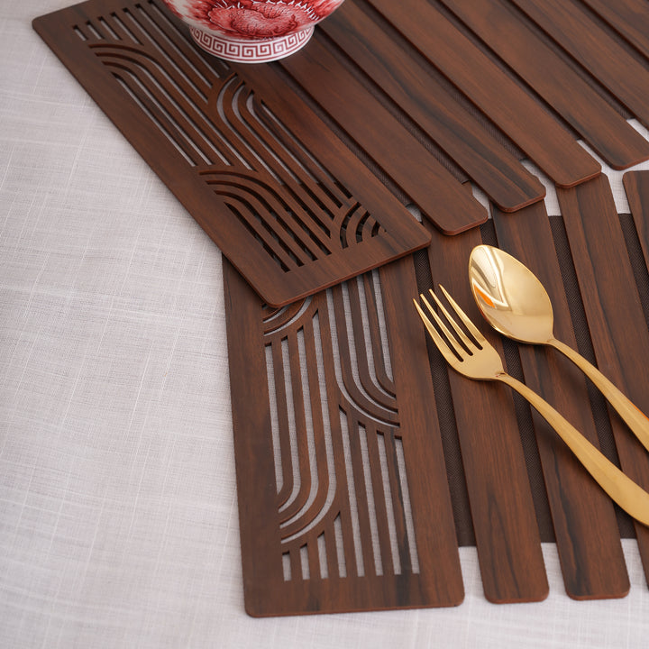 Contemporary Espresso Wave-Accent Slatted Placemats 12*18 Inch - Set of 2
