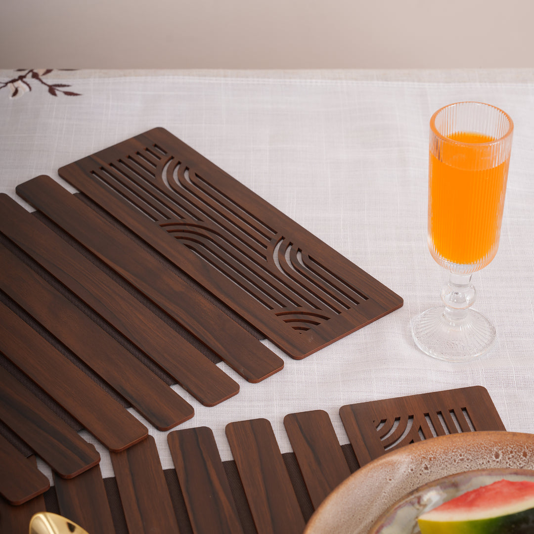 Contemporary Espresso Wave-Accent Slatted Placemats 12*18 Inch - Set of 2