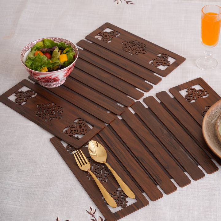 Artisan Espresso Slat Placemat Set with Laser-Cut Medallions - Set of 2