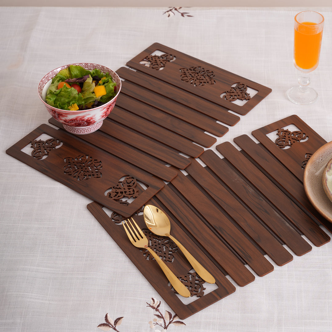 Artisan Espresso Slat Placemat Set with Laser-Cut Medallions - Set of 2