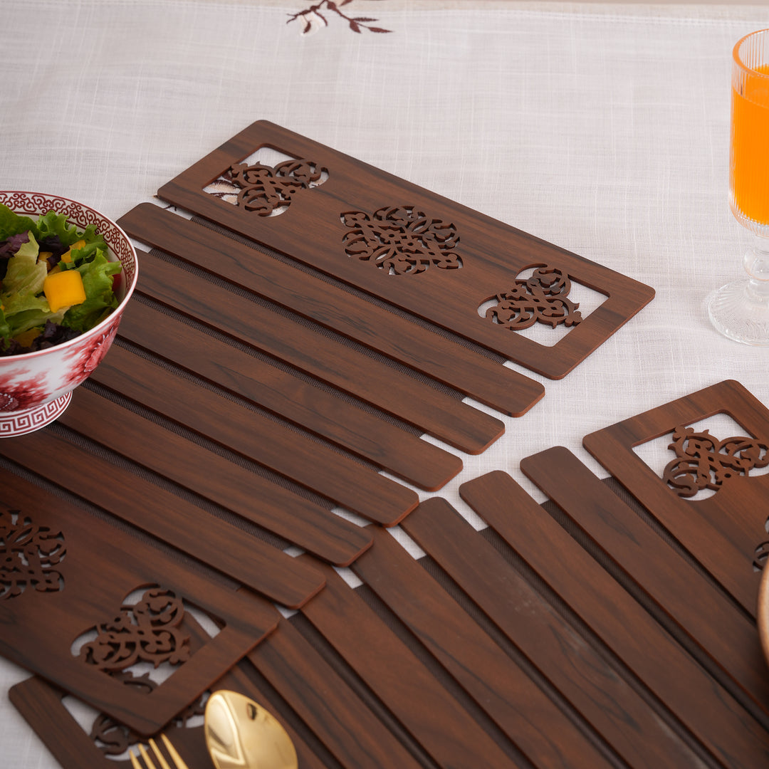Artisan Espresso Slat Placemat Set with Laser-Cut Medallions - Set of 2