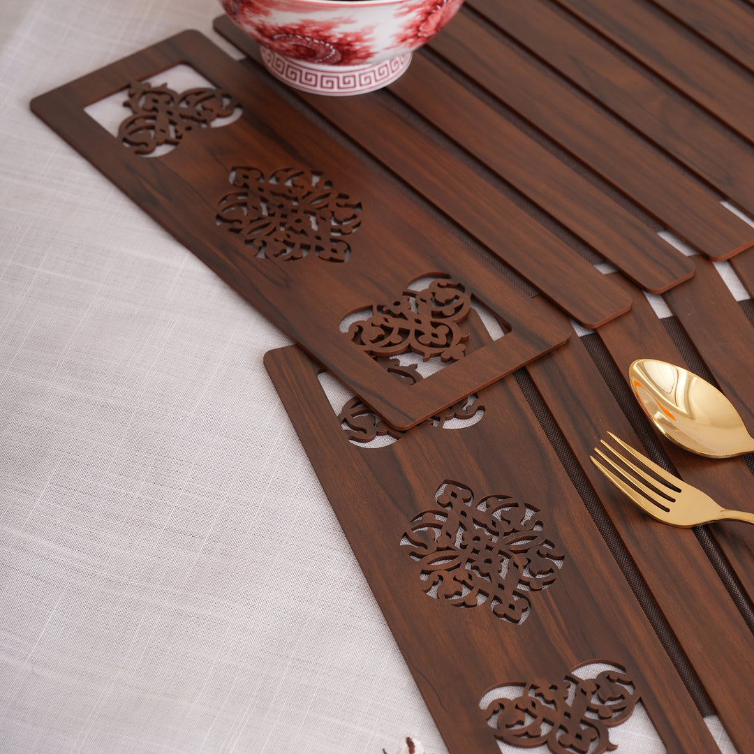 Artisan Espresso Slat Placemat Set with Laser-Cut Medallions - Set of 2