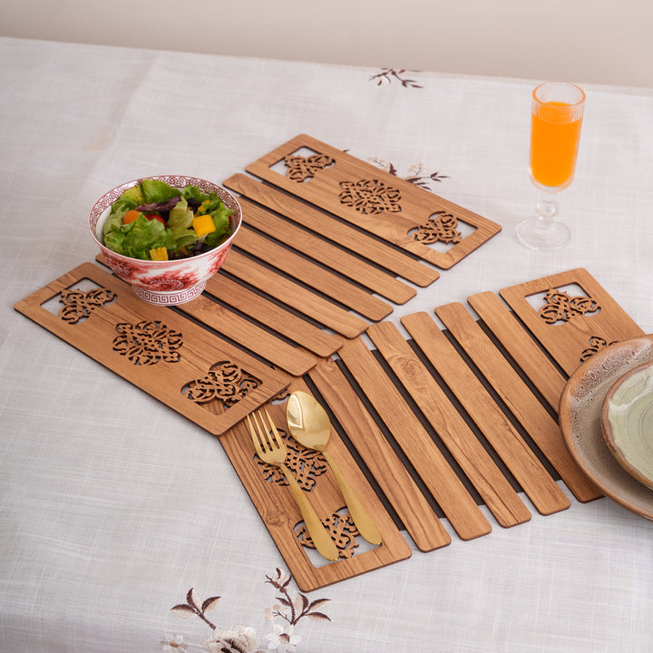 Artisan Oak-Tone Slat Placemats with Laser-Cut Medallions - Set of 2