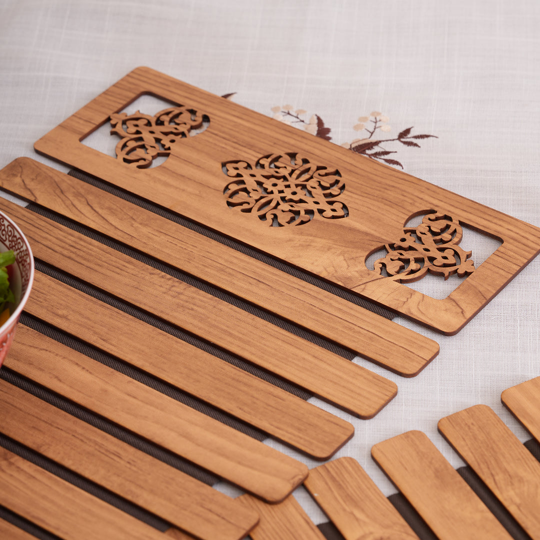 Artisan Oak-Tone Slat Placemats with Laser-Cut Medallions - Set of 2