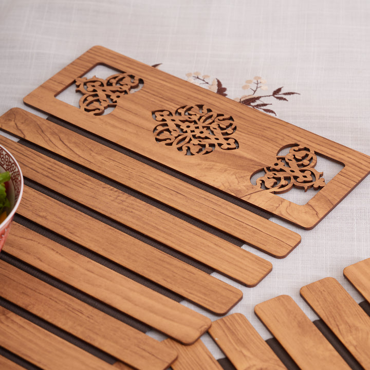 Artisan Oak-Tone Slat Placemats with Laser-Cut Medallions - Set of 2