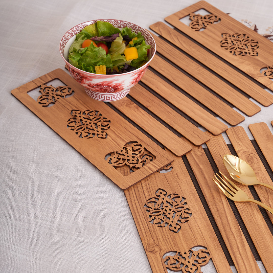 Artisan Oak-Tone Slat Placemats with Laser-Cut Medallions - Set of 2