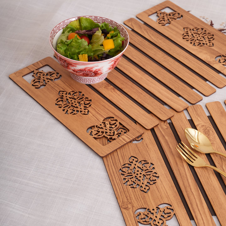 Artisan Oak-Tone Slat Placemats with Laser-Cut Medallions - Set of 2