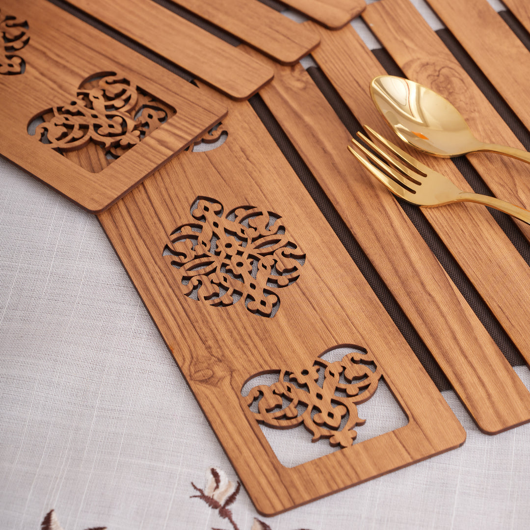 Artisan Oak-Tone Slat Placemats with Laser-Cut Medallions - Set of 2