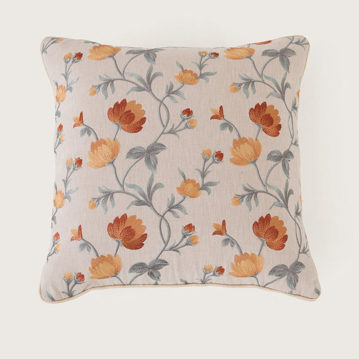 Embroidered Orange Floral Vine Cushion Cover