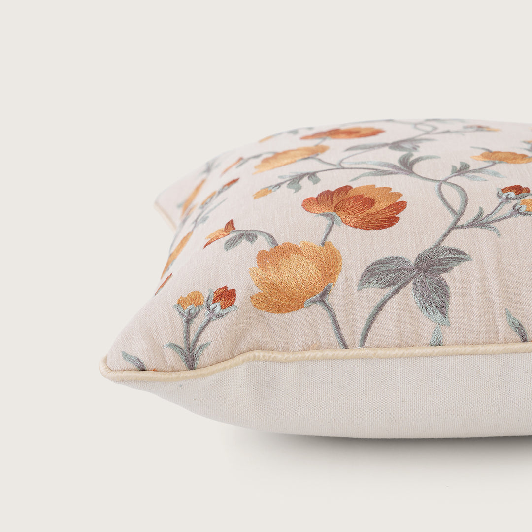 Embroidered Orange Floral Vine Cushion Cover