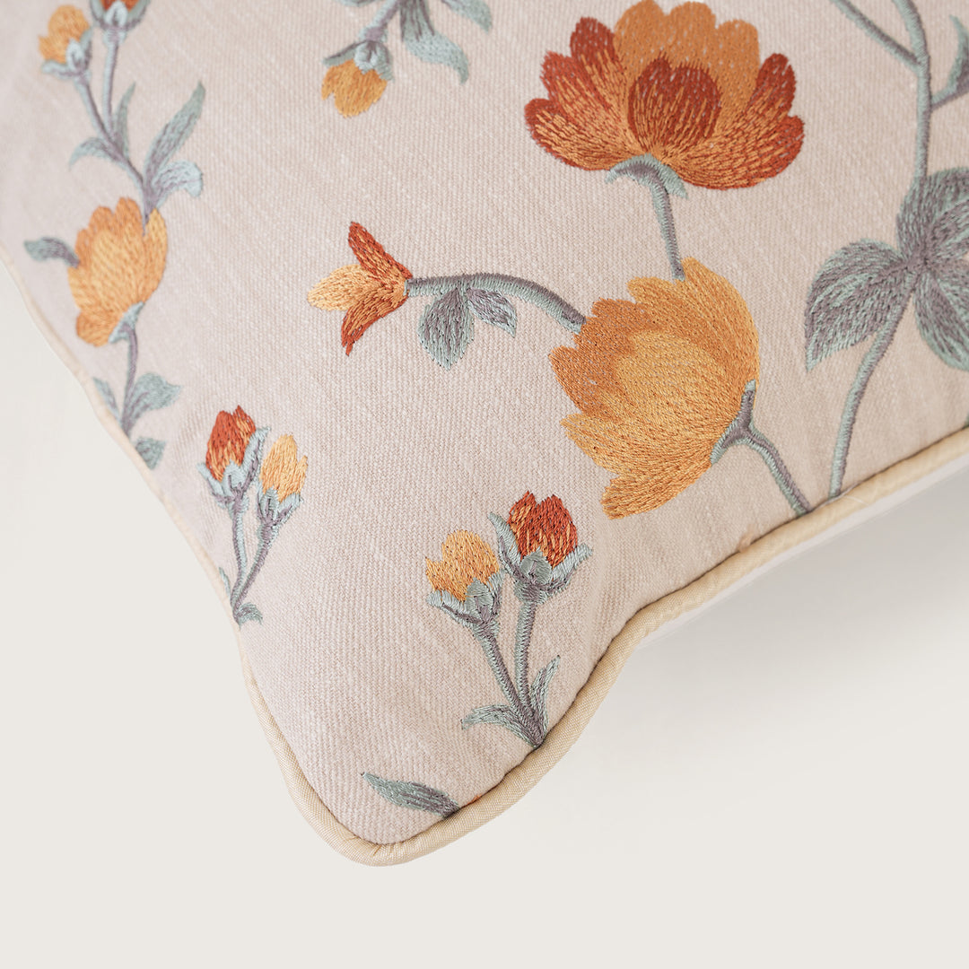 Embroidered Orange Floral Vine Cushion Cover
