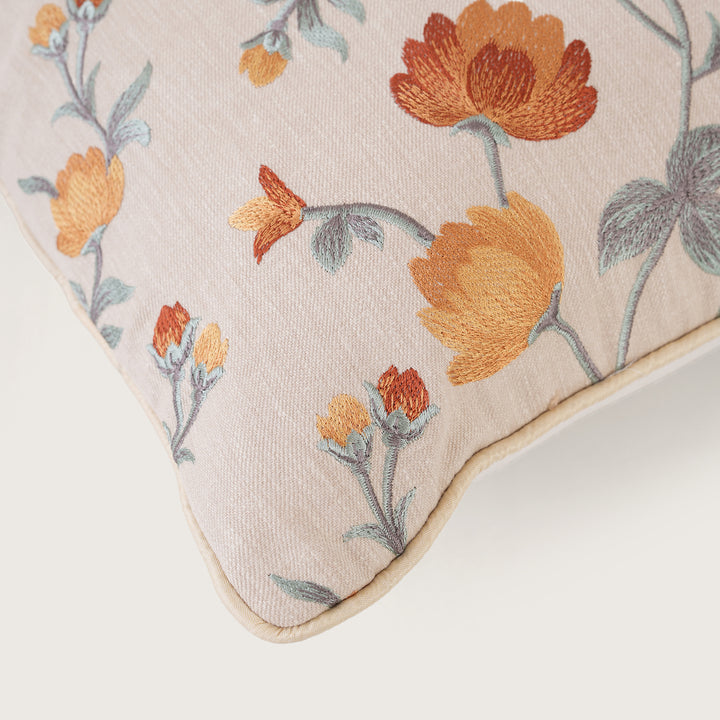 Embroidered Orange Floral Vine Cushion Cover