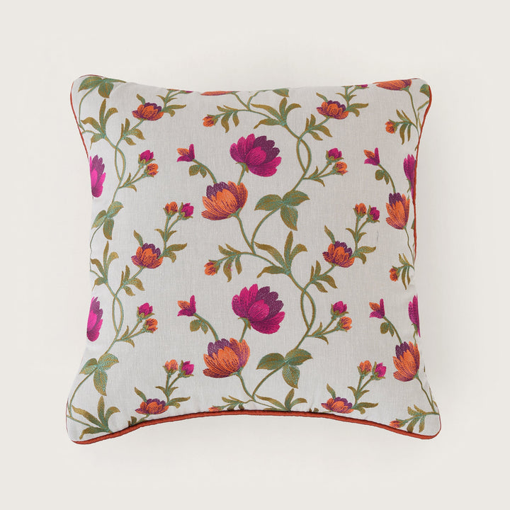 Embroidered Orange Floral Vine Cushion Cover