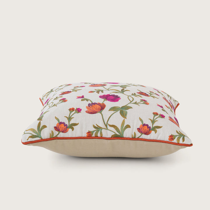 Embroidered Orange Floral Vine Cushion Cover