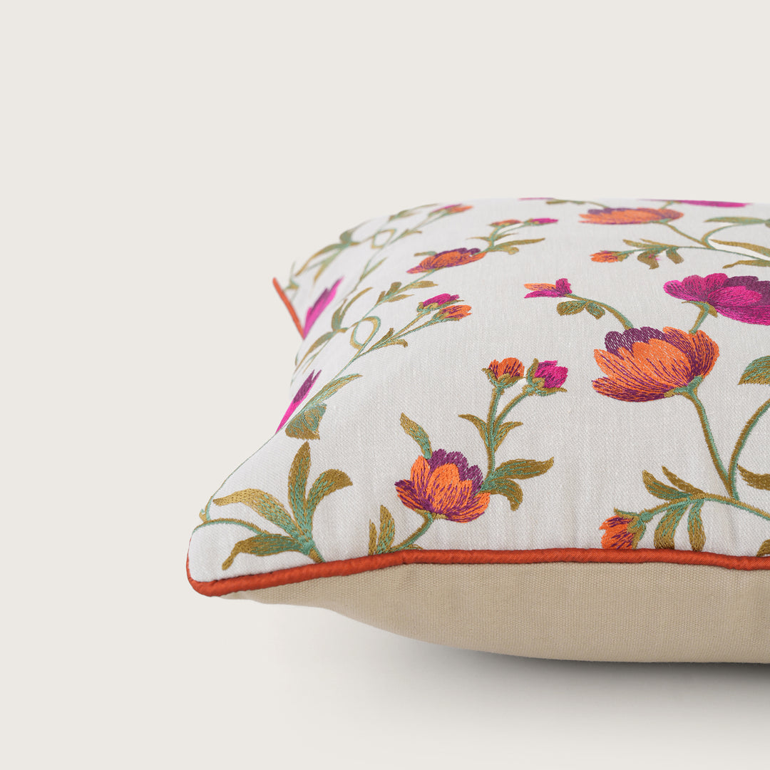 Embroidered Orange Floral Vine Cushion Cover