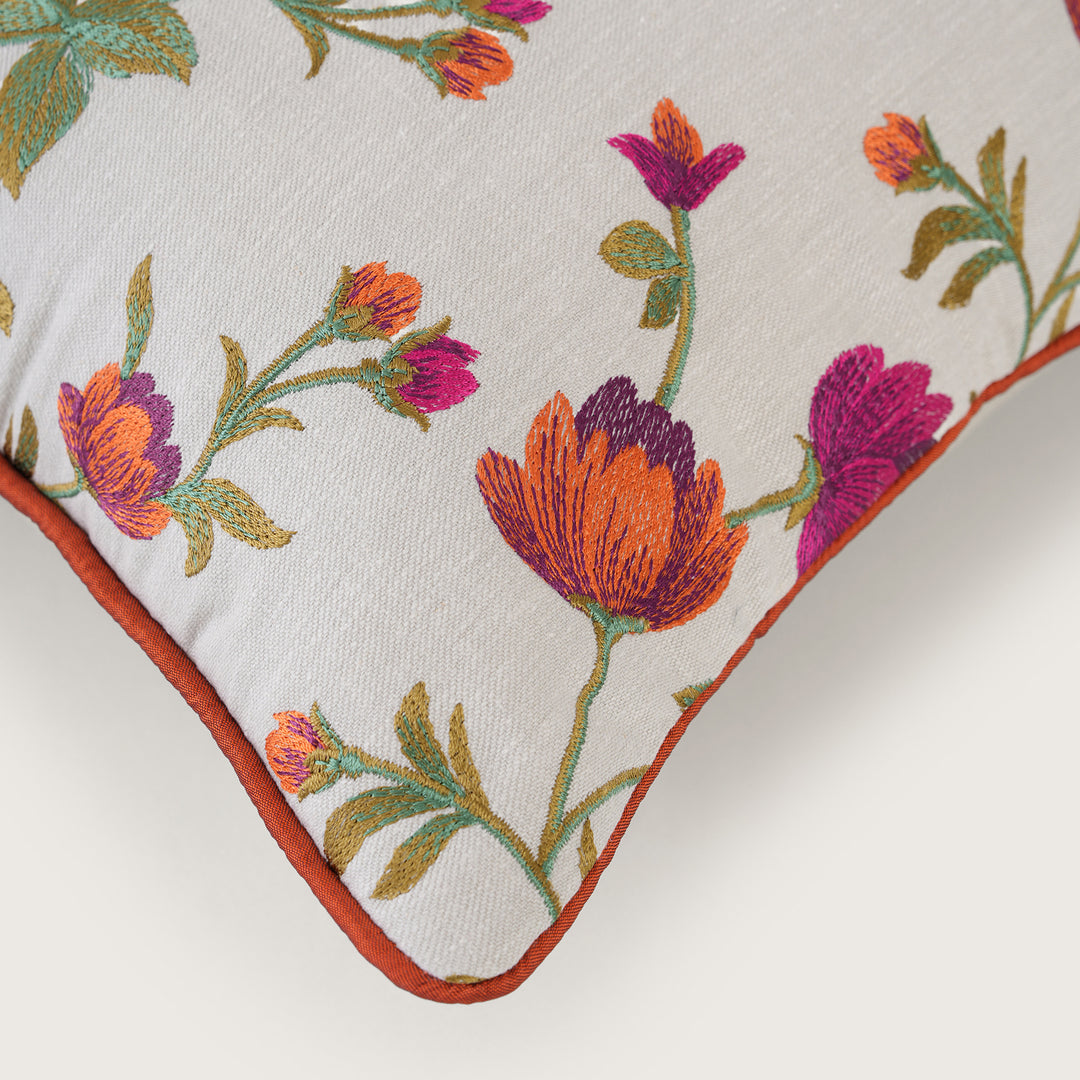 Embroidered Orange Floral Vine Cushion Cover