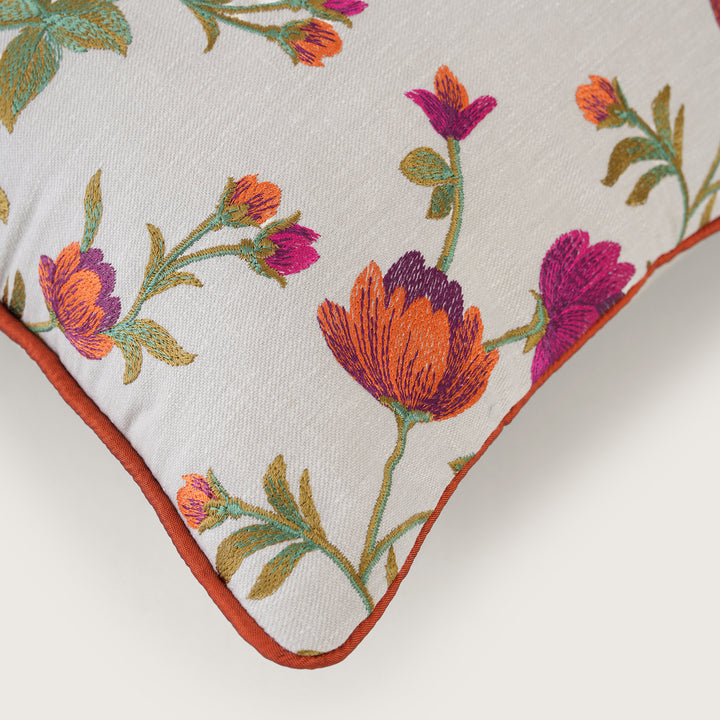 Embroidered Orange Floral Vine Cushion Cover