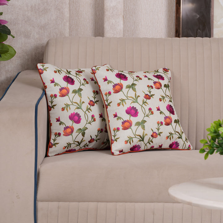 Embroidered Orange Floral Vine Cushion Cover
