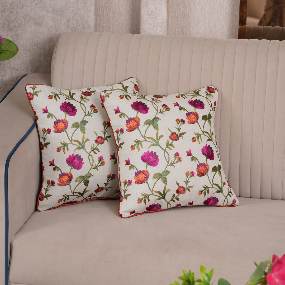 Embroidered Orange Floral Vine Cushion Cover