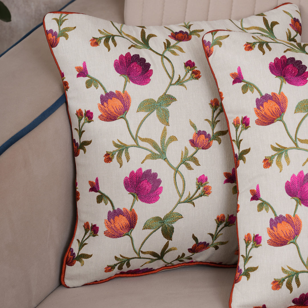 Embroidered Orange Floral Vine Cushion Cover