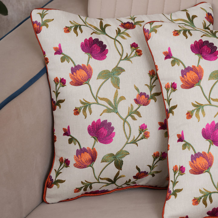 Embroidered Orange Floral Vine Cushion Cover