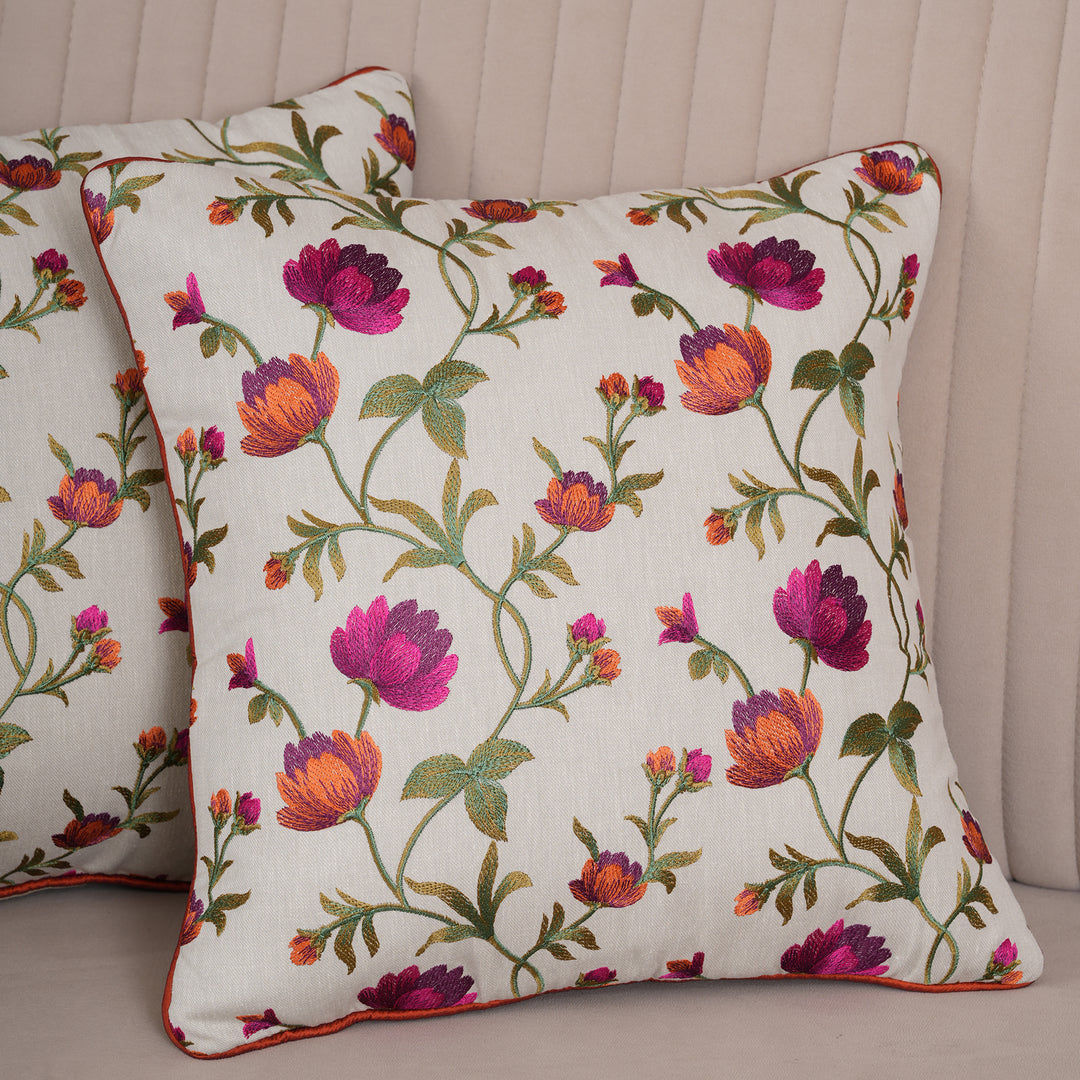 Embroidered Orange Floral Vine Cushion Cover