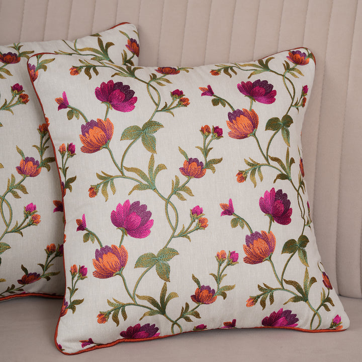 Embroidered Orange Floral Vine Cushion Cover