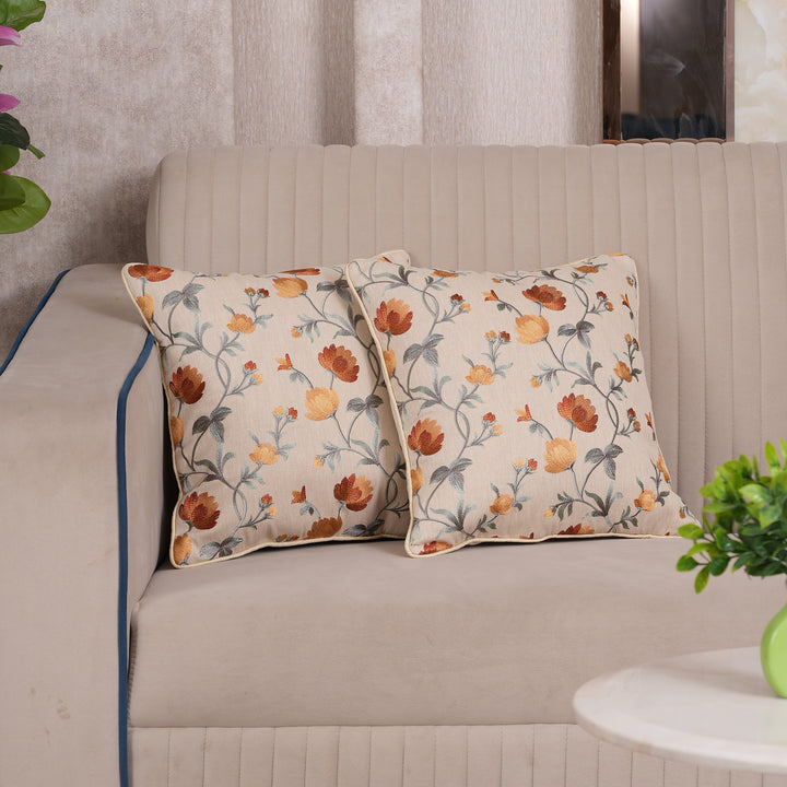 Embroidered Orange Floral Vine Cushion Cover