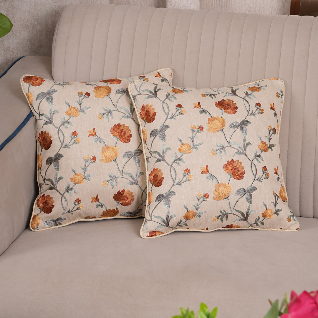 Embroidered Orange Floral Vine Cushion Cover