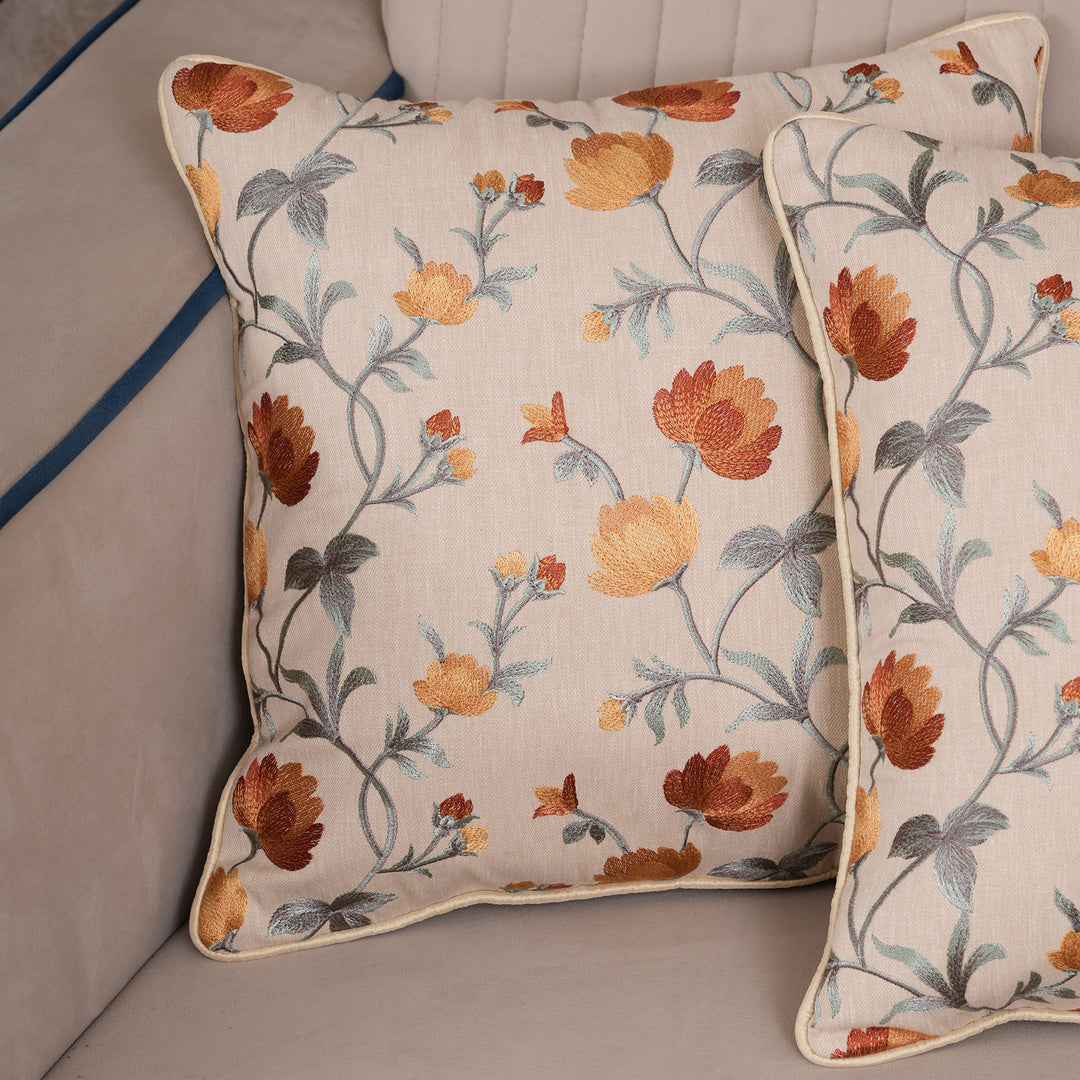 Embroidered Orange Floral Vine Cushion Cover