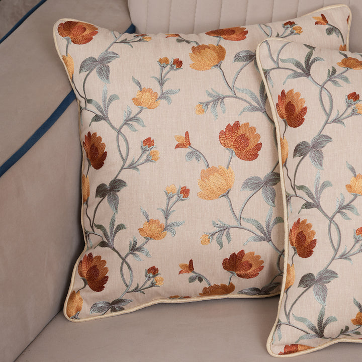 Embroidered Orange Floral Vine Cushion Cover