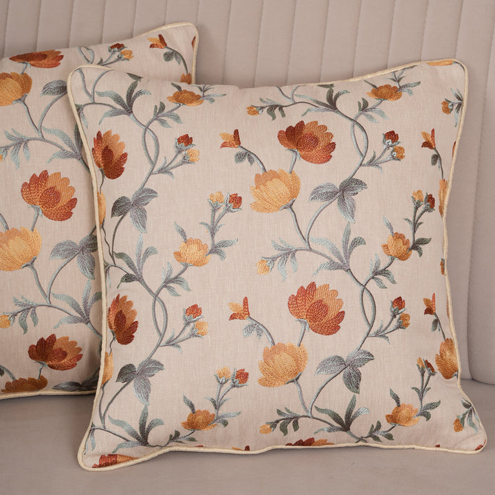 Embroidered Orange Floral Vine Cushion Cover