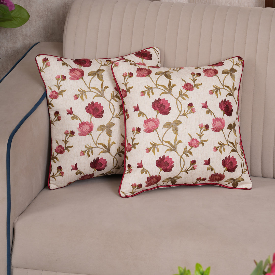 Embroidered Orange Floral Vine Cushion Cover
