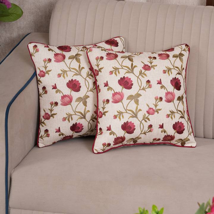 Embroidered Orange Floral Vine Cushion Cover