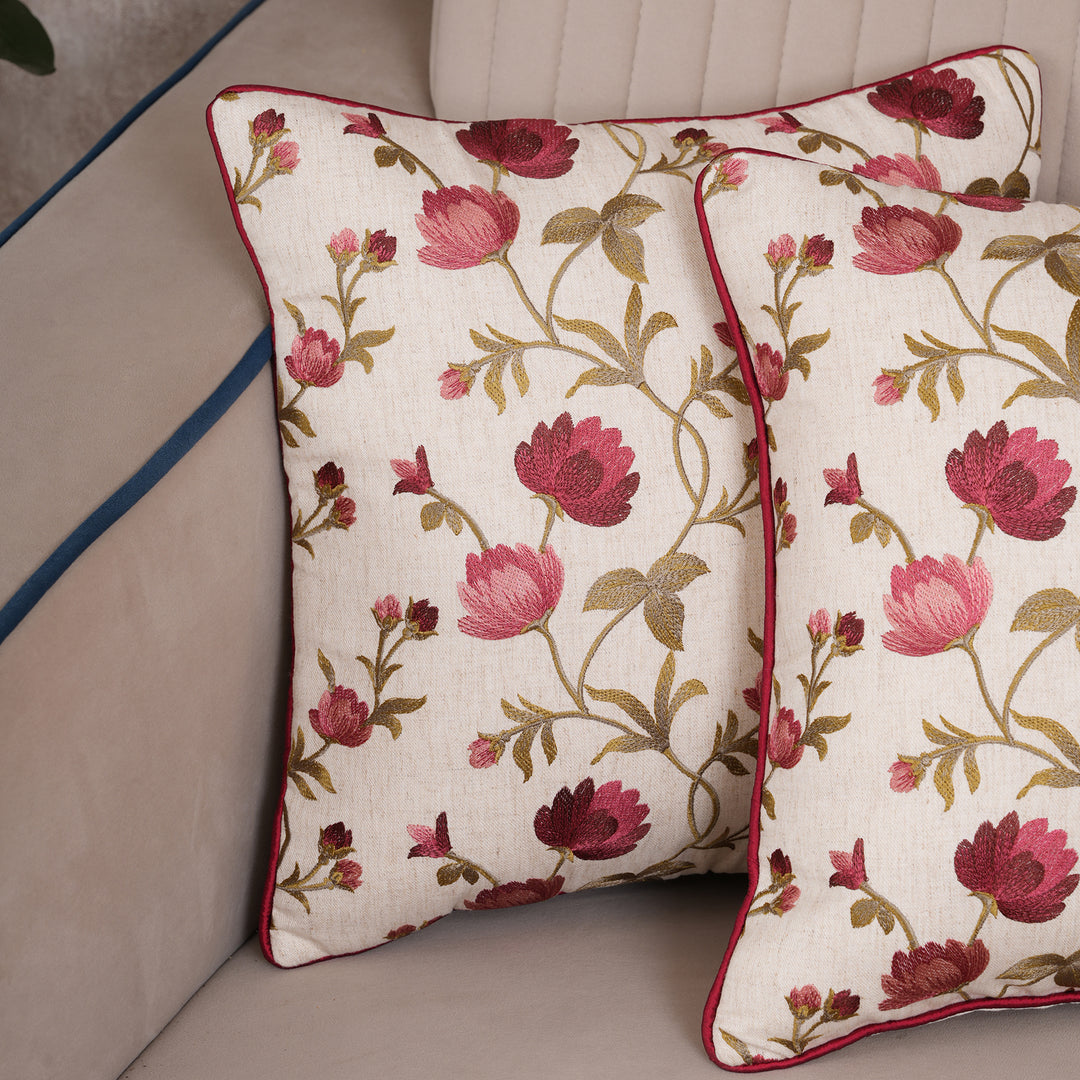 Embroidered Orange Floral Vine Cushion Cover