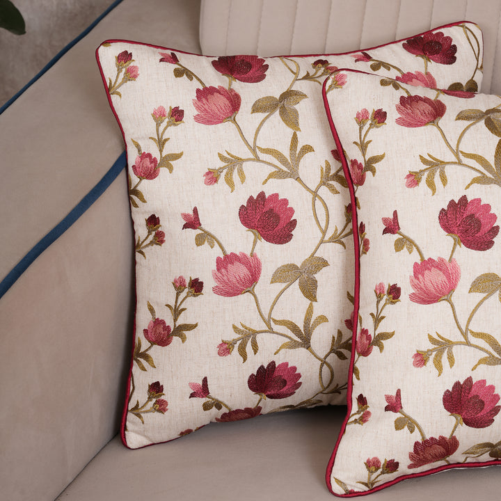 Embroidered Orange Floral Vine Cushion Cover