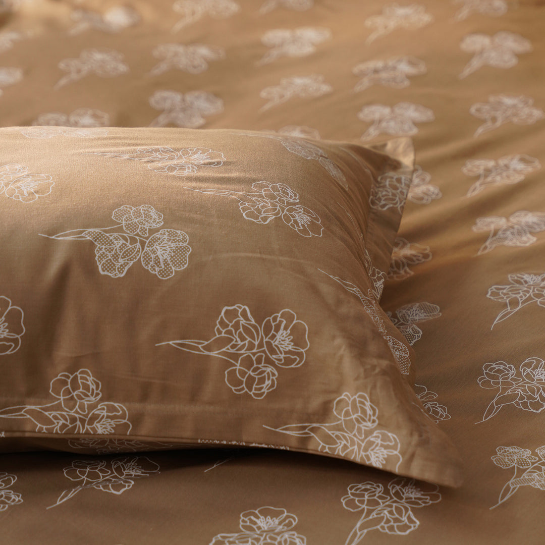 Vogue Floral Double Bedsheet (108x108) with Pillow Cover Set of 3 - Tan