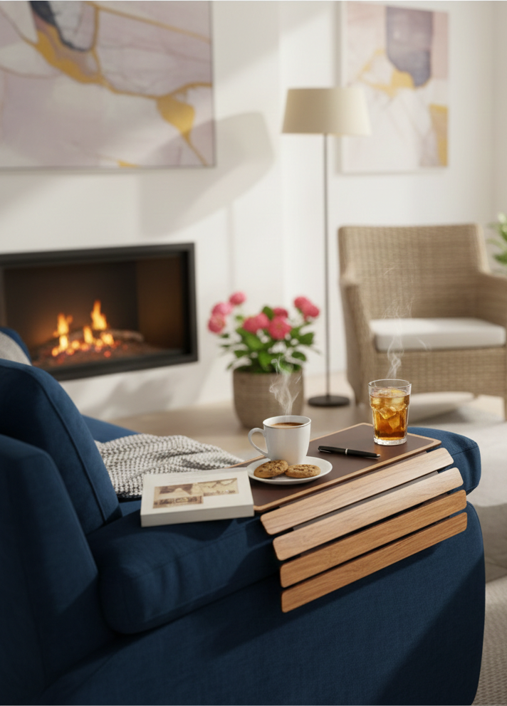 Elegant Flexible Sofa Armrest Tray Oak & Brown